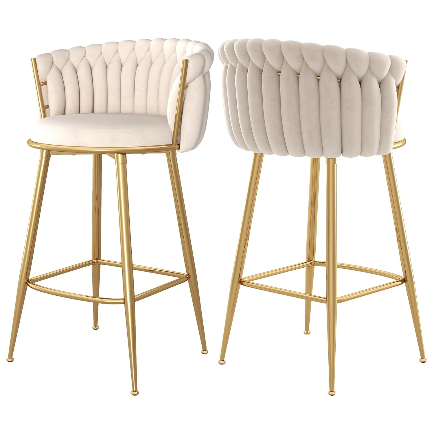 Counter Height Stools Set of 2, Velvet Bar Stools with 27 Inches Upholstered Seat Height, Handmade Woven Back Armrest, Sturdy Golden Metal Legs for Home Dining Pub Kitchen Island, Beige