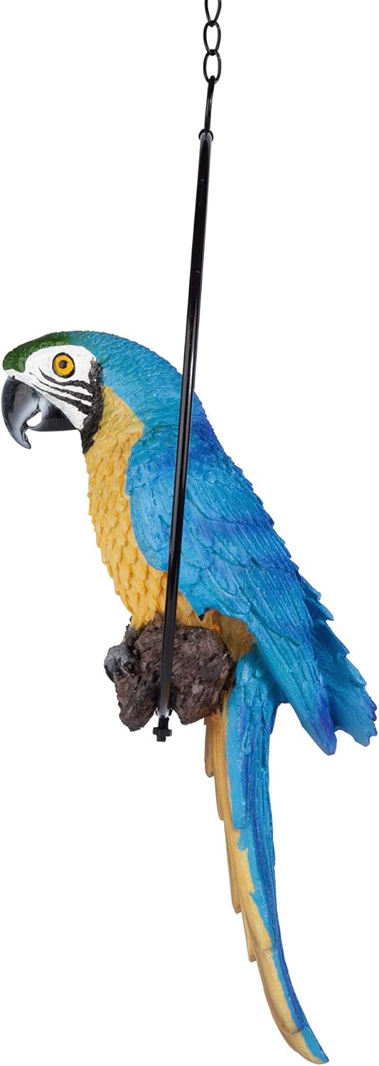 Design Toscano Polly in Paradise Parrot Hanging Bird Ring Perch Indoor/Outdoor Statue, Medium 14 Inch Tall, Cast Stone Resin, Blue Yellow Finish