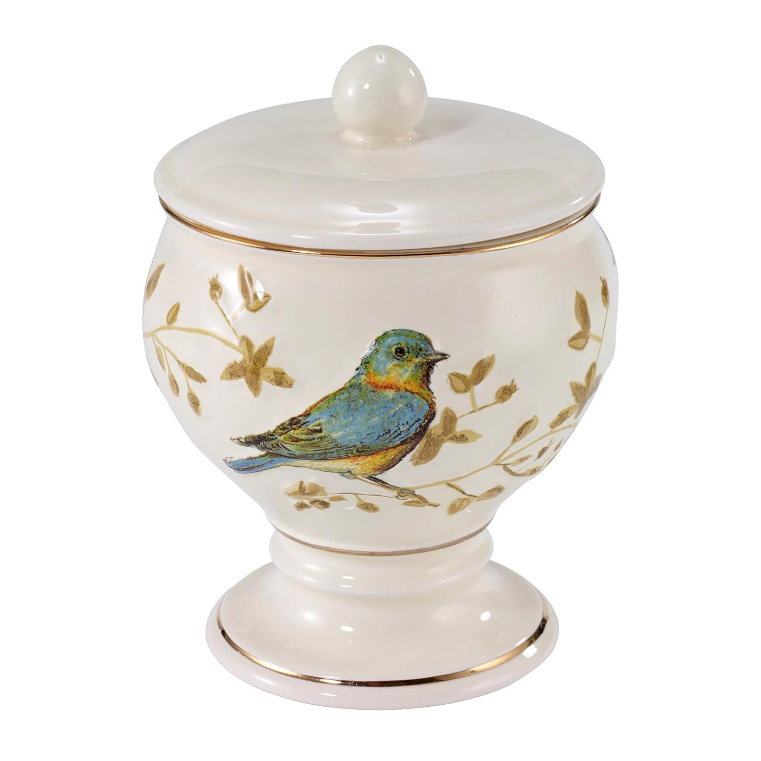 Ivory Ceramic Covered Jar with Gilded Birds and Gold Accents
