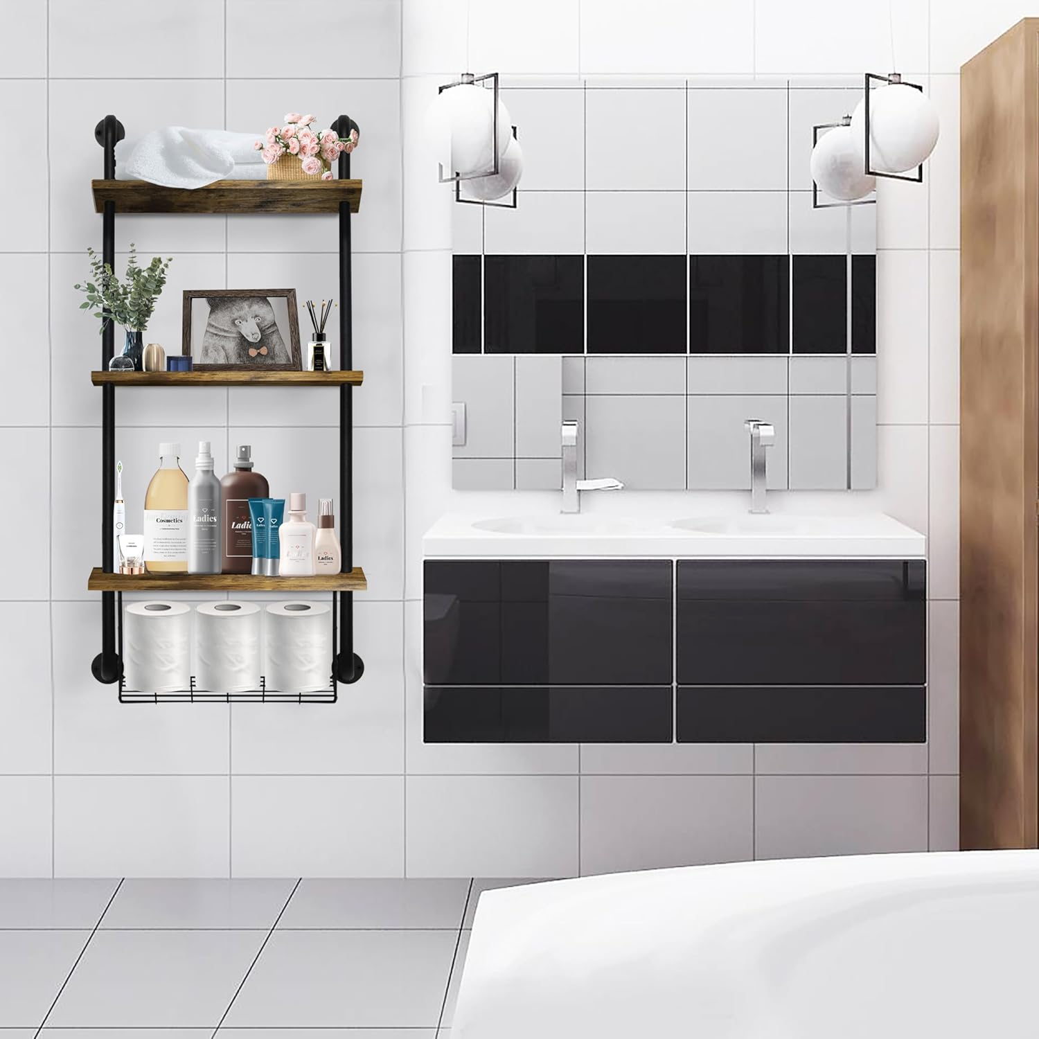 3-Tier Wall Mounted Floating Shelves with Basket, Easy Assemble Industrial Pipe Shelving, Anti-Rust for Bathroom, Kitchen, Bedroom - 44.5 * 16.9 inch