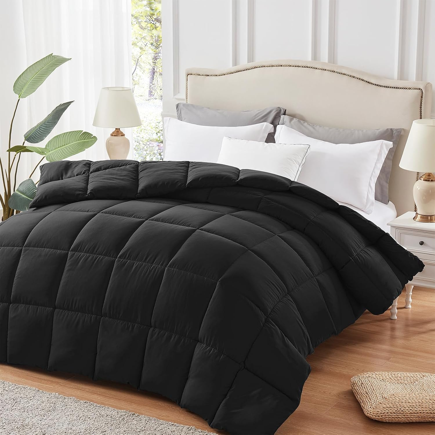 100% Cotton All-Season Comforter - Box Stitched Comforter - Bedding with Corner Tabs Machine Washable Lightweight Color Pink Solid Pattern Size Oversized Queen (98"x98")