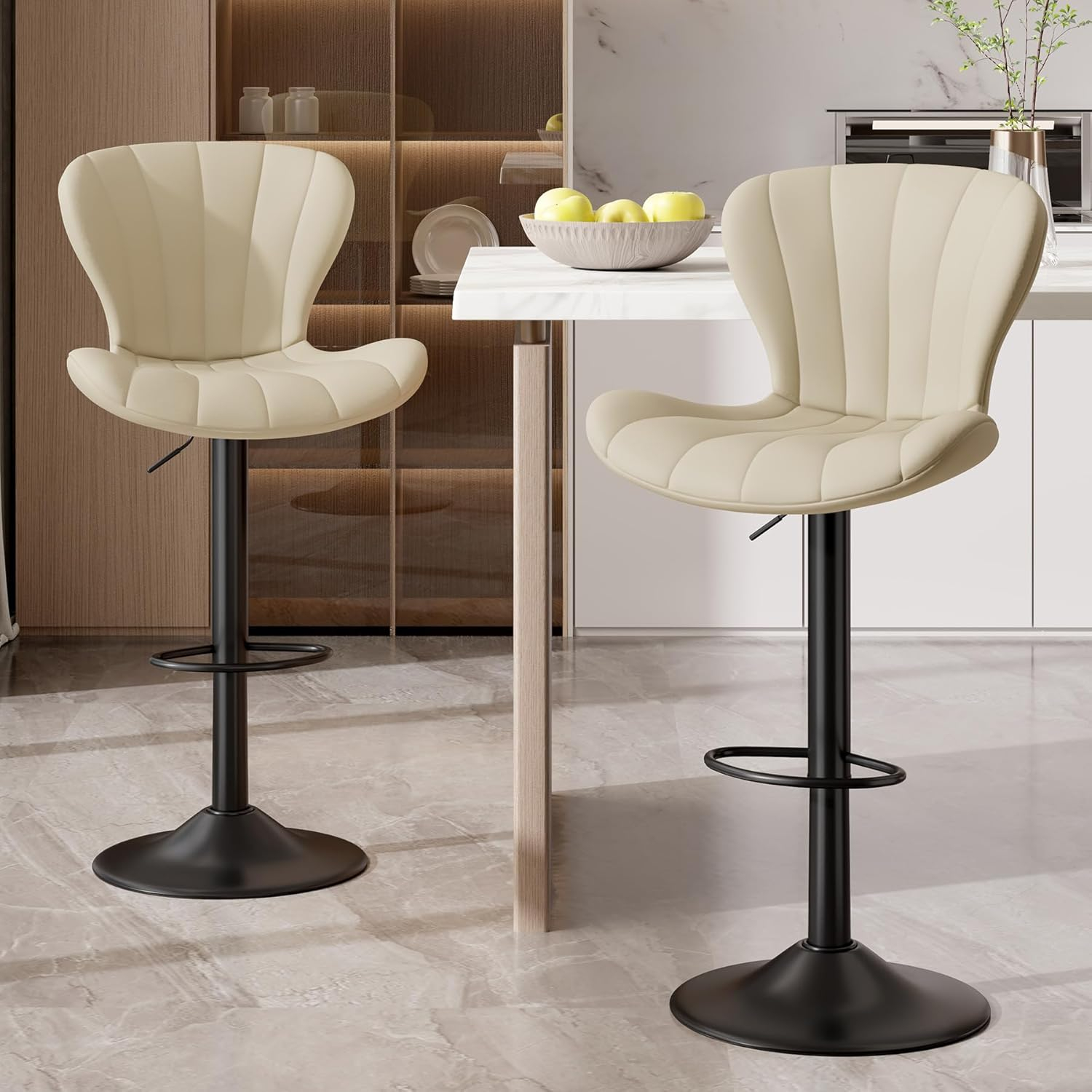 Modern Bar Stool Set of 2, Adjustable Faux Leather Upholstered Swivel Counter Stools, Counter Barstools with Back for Kitchen Island, Khaki