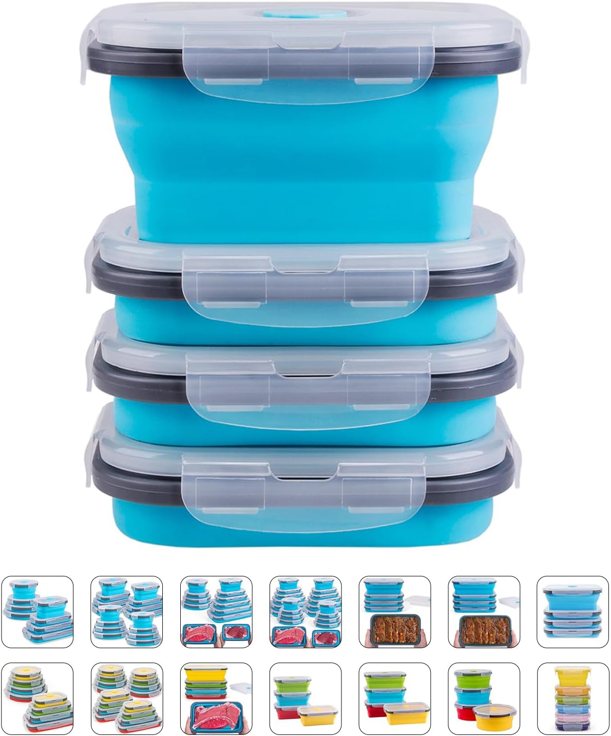 Collapsible Food Storage Containers with Lids & Vent, 11.8 oz, Kitchen Stacking Silicone Collapsible Meal Prep Container Set for Leftover, Microwave Freezer Dishwasher Safe, Blue Small 4 Pack