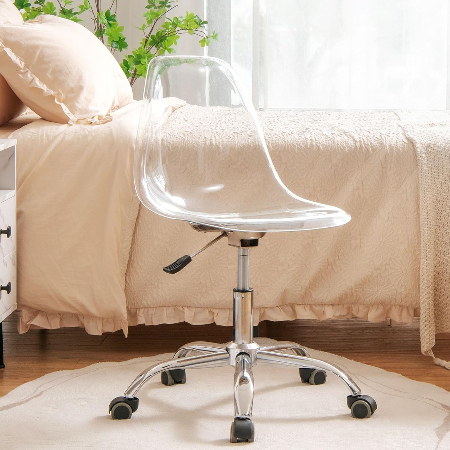 Giantex Acrylic Desk Chair, Clear Armless Office Rolling Chair, Height Adjustable Leisure Ghost Chair w/Chromed Base, Modern Cute Vanity Chair, Swivel Computer Chair for Home Office