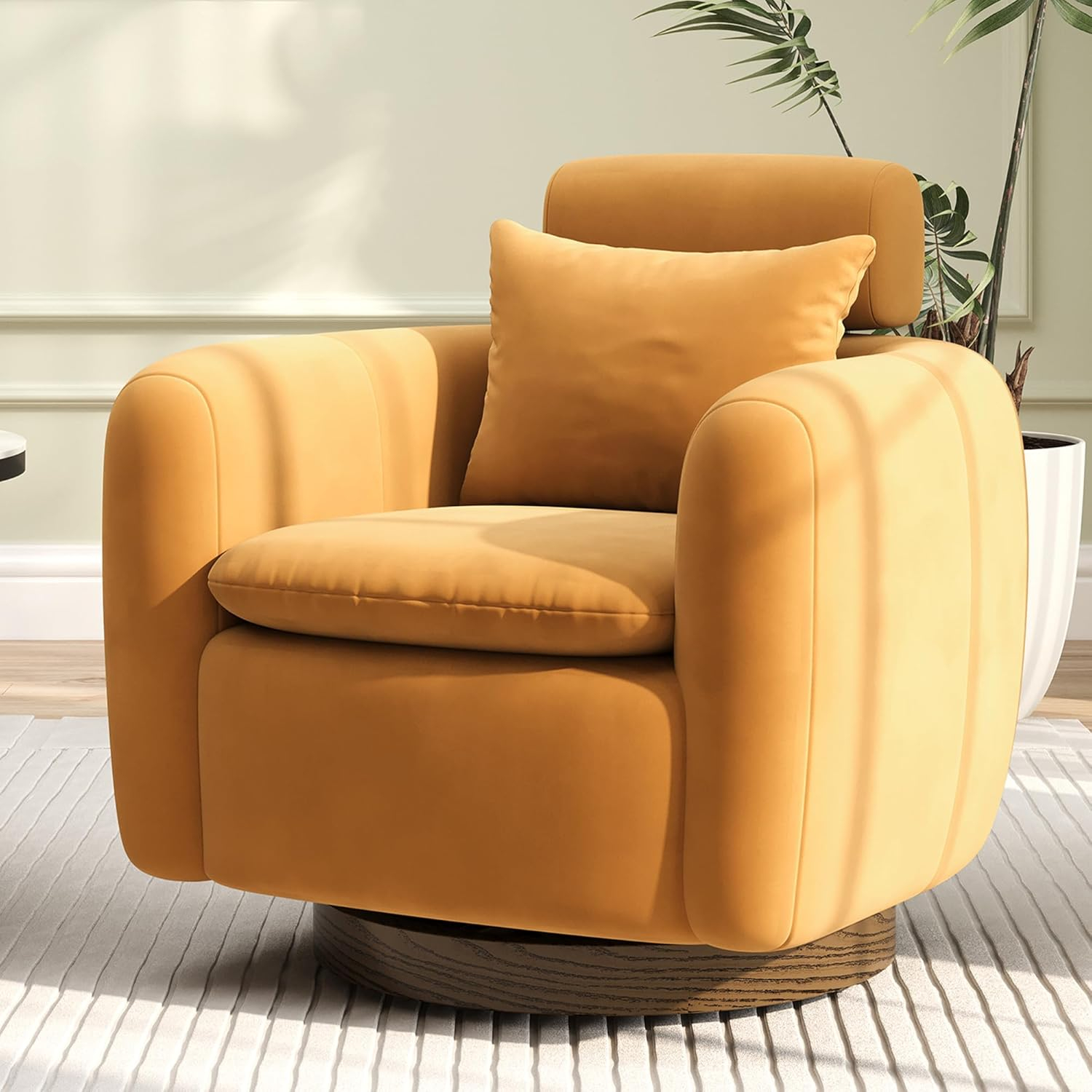 Oversized Camel Brown Velvet Swivel Barrel Accent Chair