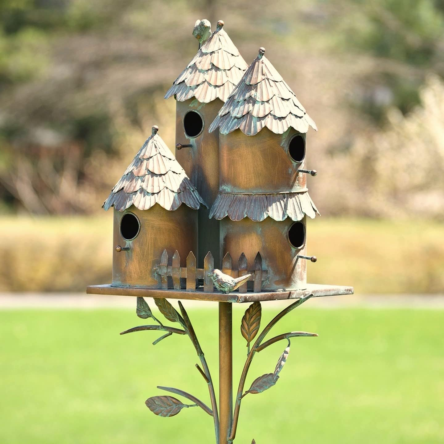 Large Copper Colored Multi-Birdhouse Stakes, Room for 4 Bird Families in Each (Castle Home)