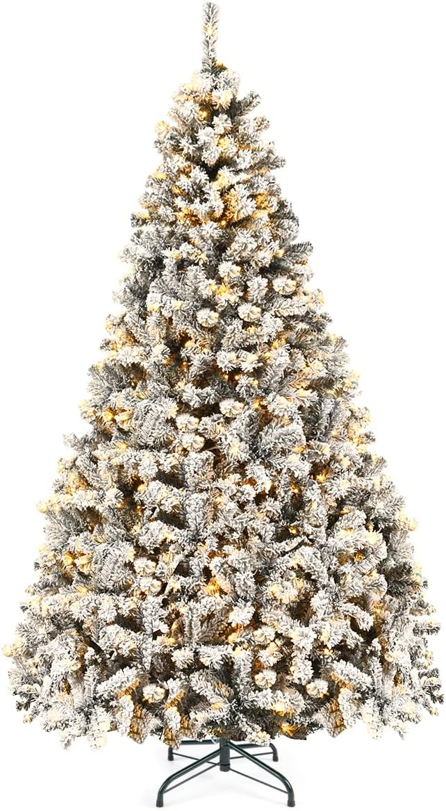 9-Foot White Flocked Pine Christmas Tree with Warm LED Lights