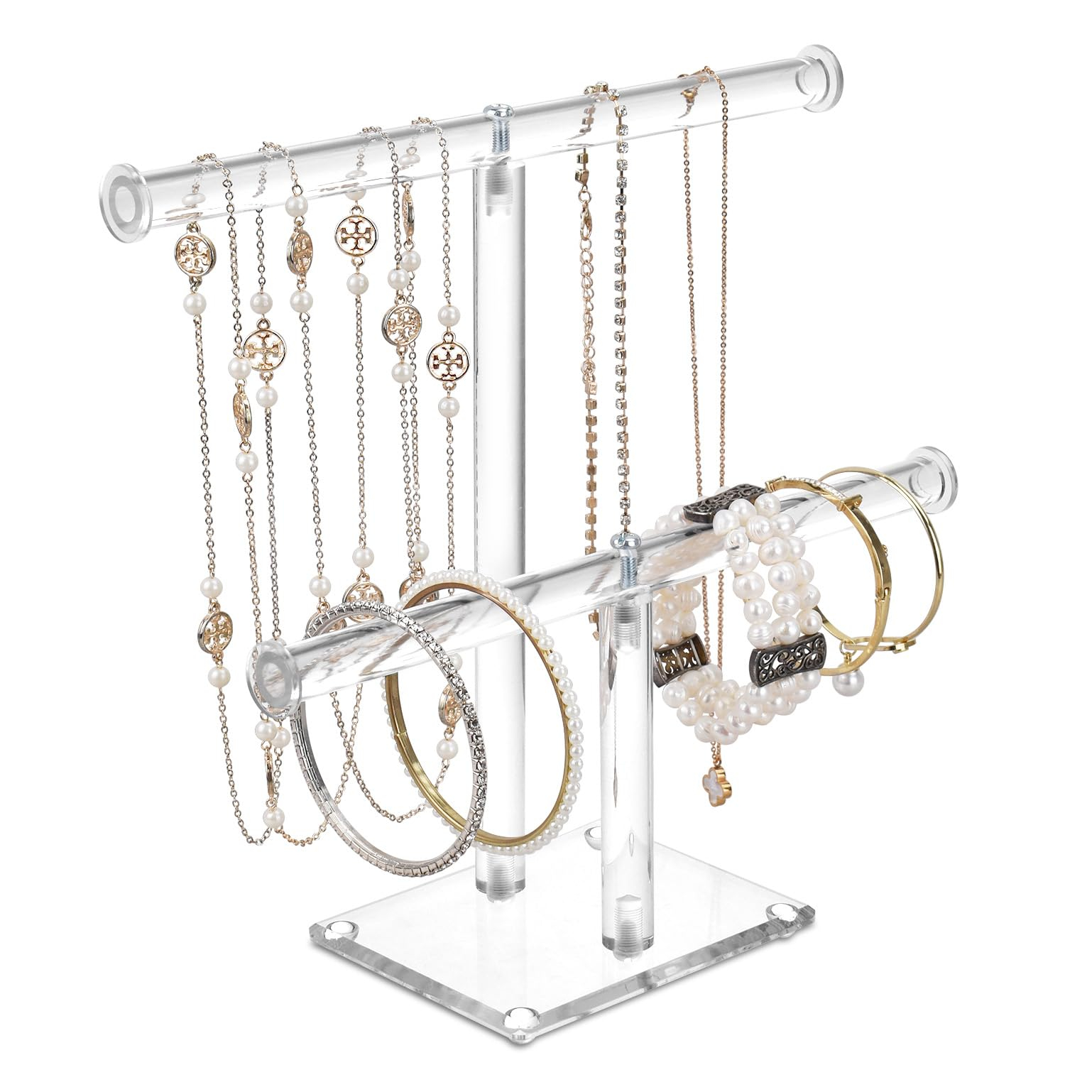 Premium Jewelry Stand , Solid Clear 2-Tier Acrylic Jewelry Organizer Stand & Bracelet holder Stand for Necklace Display, Ring & Watch Display