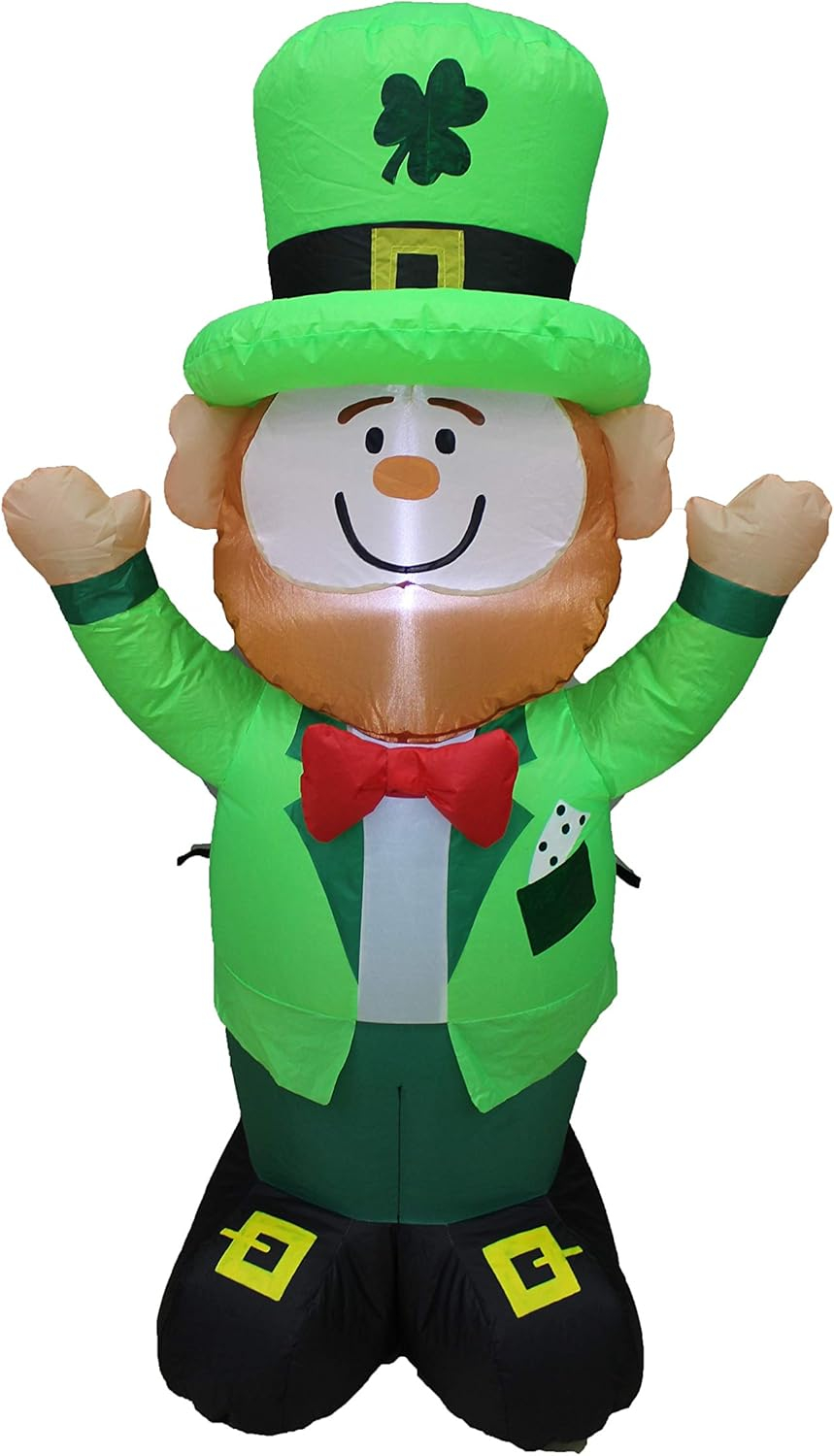 4 Foot Tall Saint Patrick's Day Inflatable Leprechaun with Green Shamrock Hat Pre-Lit LED Lights Cute Lucky Outdoor Indoor Holiday Blow up Lighted Yard Decoration