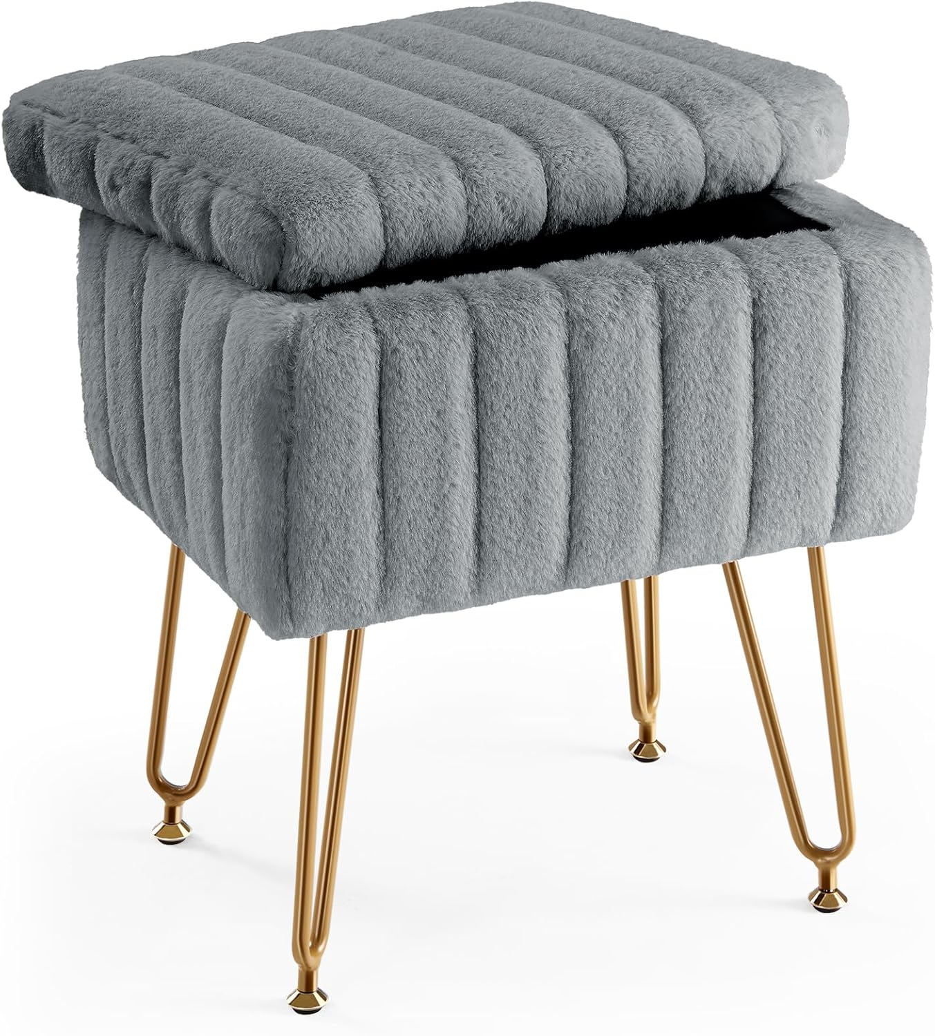 Vanity Stool Chair with Storage, Ottoman Faux Fur Soft Padded Makeup Footstools Seat with 4 Metal Legs
