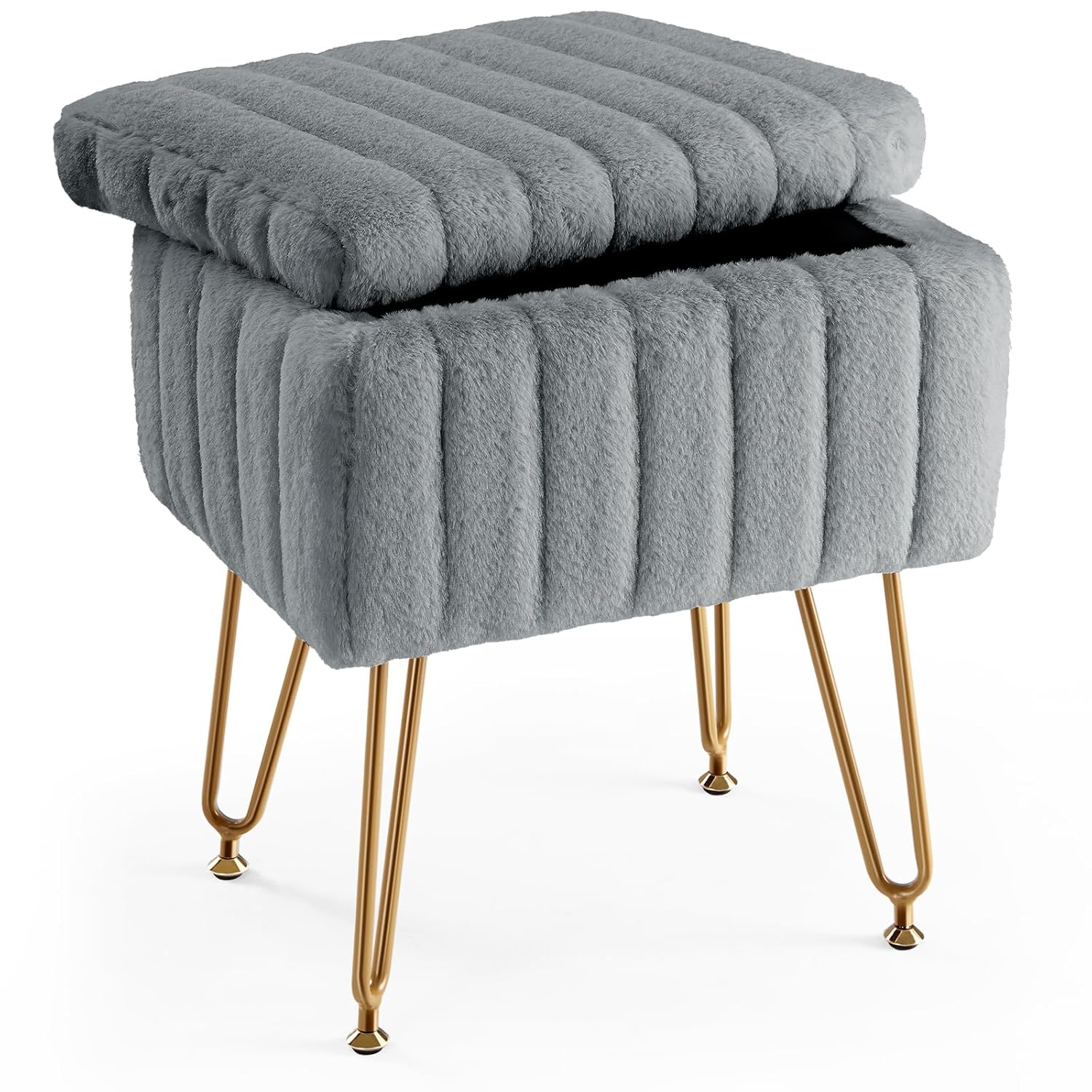 Vanity Stool Chair with Storage, Ottoman Faux Fur Soft Padded Makeup Footstools Seat with 4 Metal Legs
