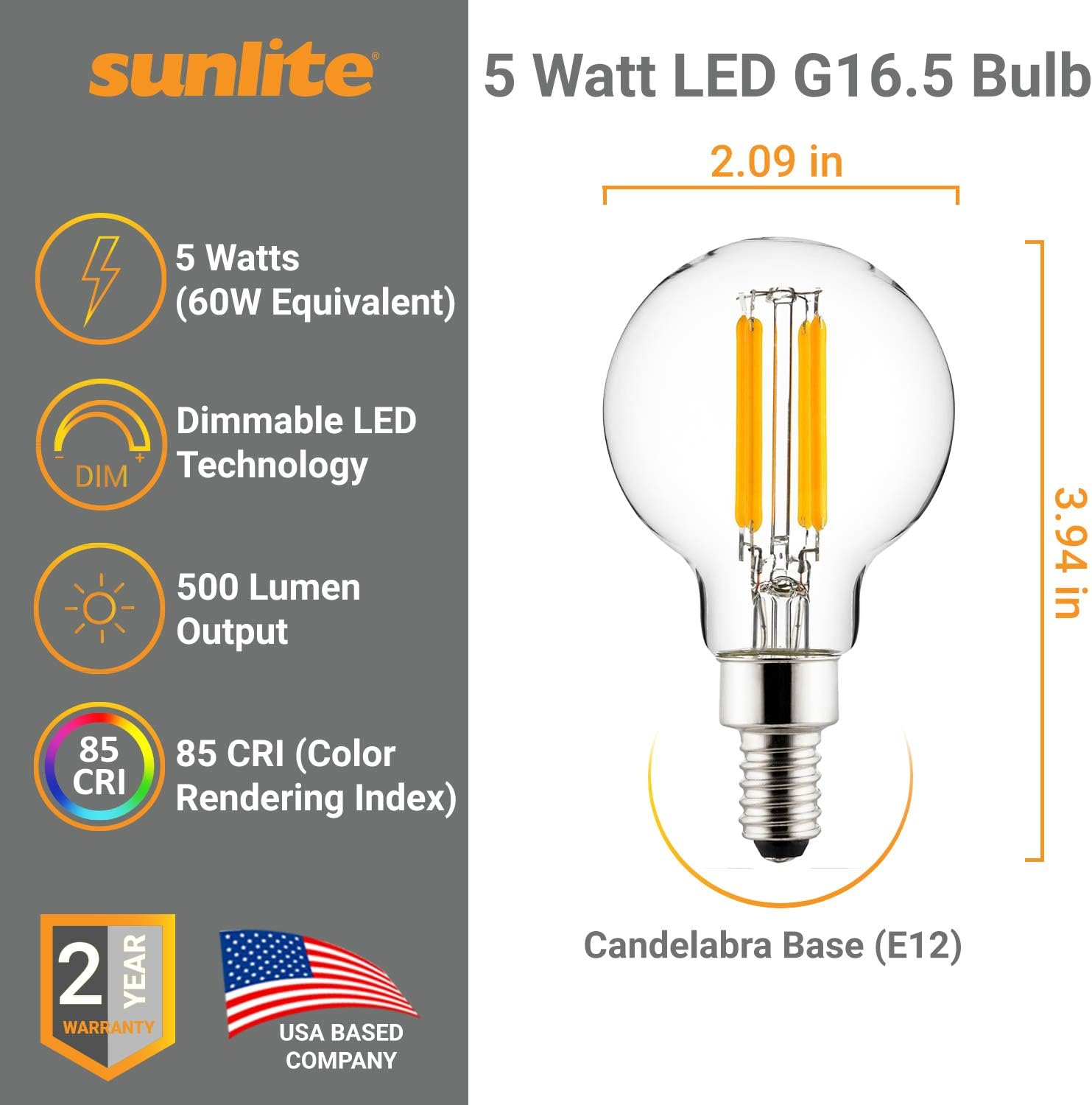 Sunlite LED G16.5 Globe Light Bulb 5w E12 Candelabra Base 5000K - Super White