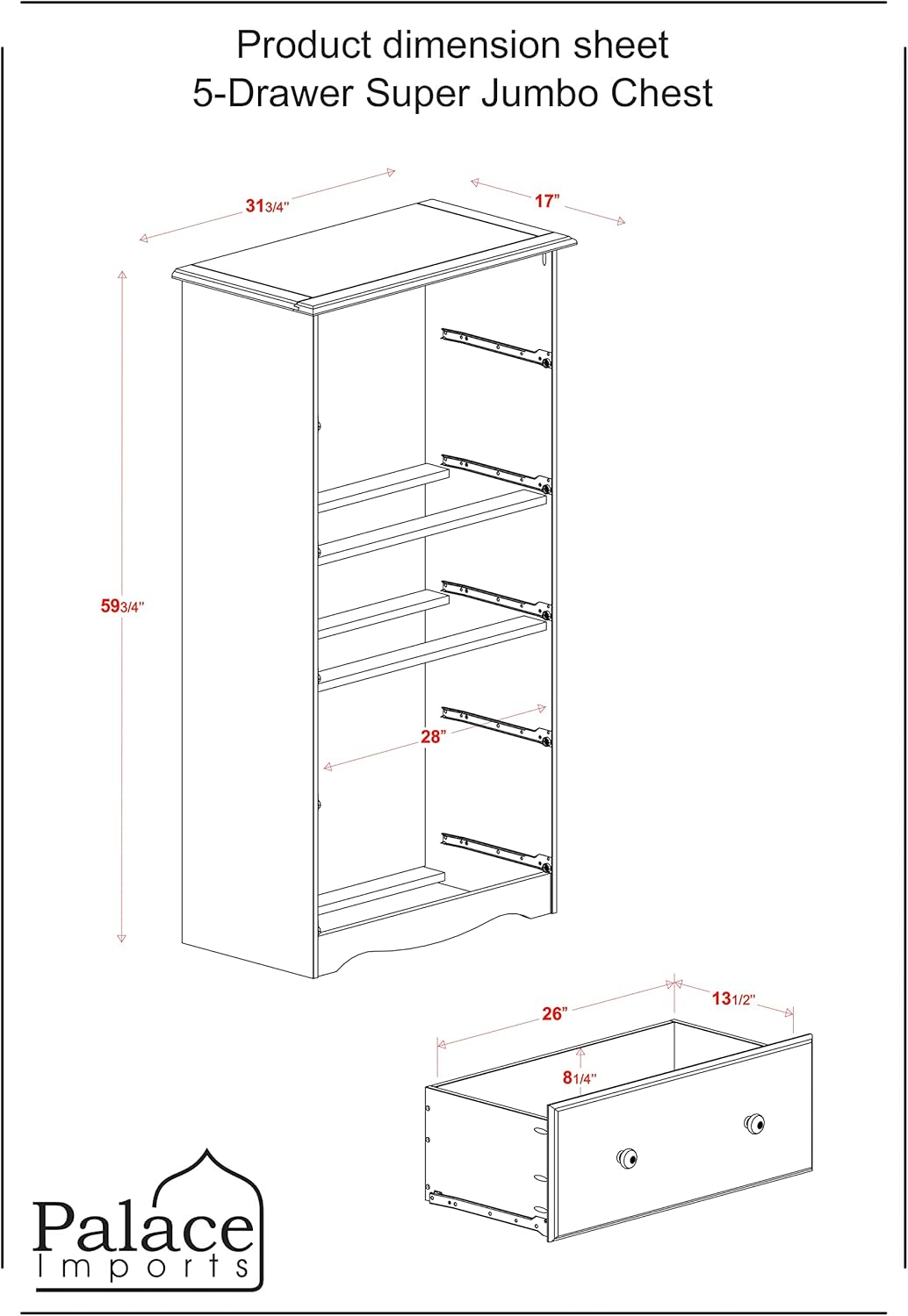 Palace Imports, Inc Palace Imports 100% Solid Wood 5-Jumbo Drawer Chest with Lock, Metal or Wooden Knobs Java