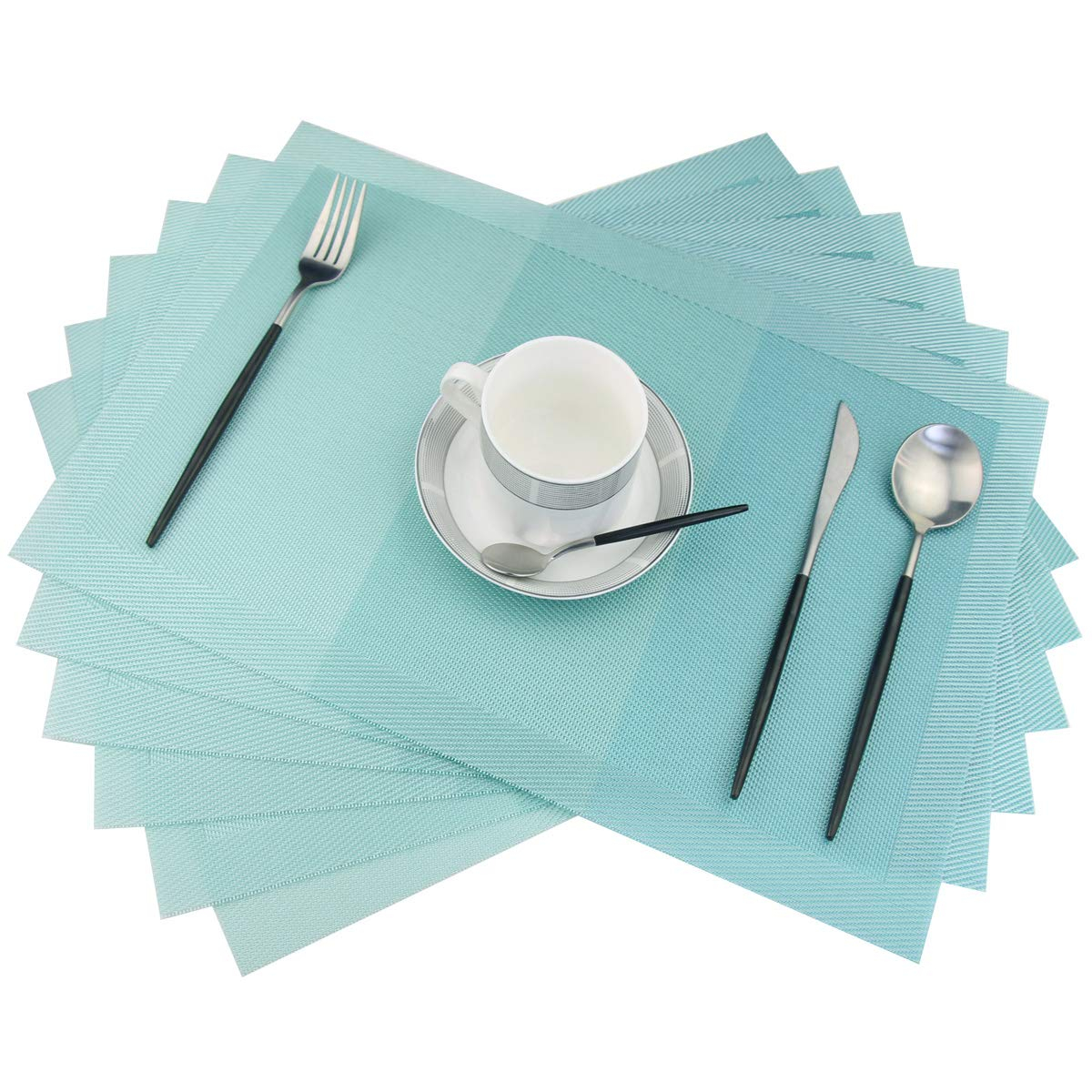 pigchcy Placemats, Heat Insulation Non Slip Plastic Placemats, Washable Easy to Clean Woven Vinyl Kitchen Stain Resistant Placemats for Dining Table Set of 6 (Sky Blue)