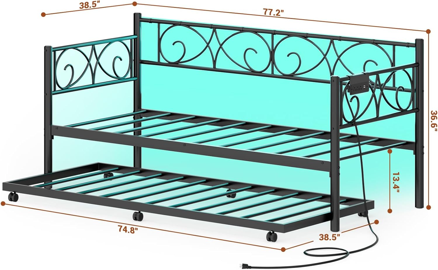 iSunirm Twin Size Daybed with Trundle Bed, Charging Station and LED Lights, Aron Art Headboard Day Bed, All Thick Metal Frame Heavy Duty, Built for Guest Room/Living Room/Bed Room