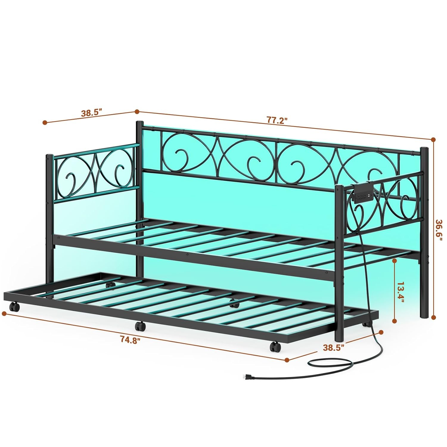 iSunirm Twin Size Daybed with Trundle Bed, Charging Station and LED Lights, Aron Art Headboard Day Bed, All Thick Metal Frame Heavy Duty, Built for Guest Room/Living Room/Bed Room
