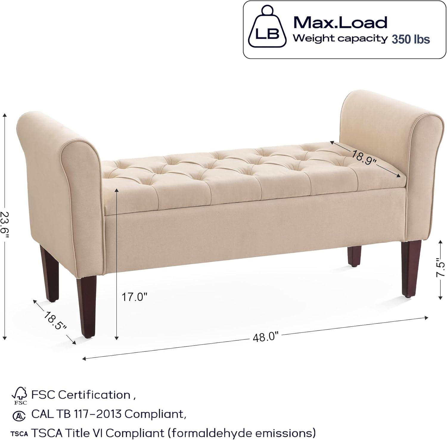 Tan Tufted Fabric Storage Ottoman Bench with Solid Wood Legs