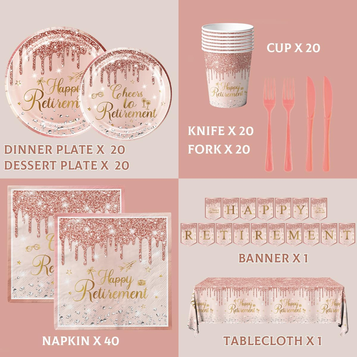 142pcs Rose Gold Retirement Party Decorations for Women, Happy Retirement Disposable Plates Napkins Cups Tablecloth Banner Cutlery for Retired Party Supplies