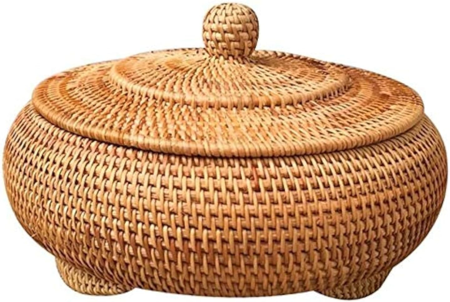 Round Rattan Boxes with Lid Hand-Woven Multi-Purpose Wicker Tray 8.6Inch Picnic Food Bread Table Storage Basket (22x13cm)