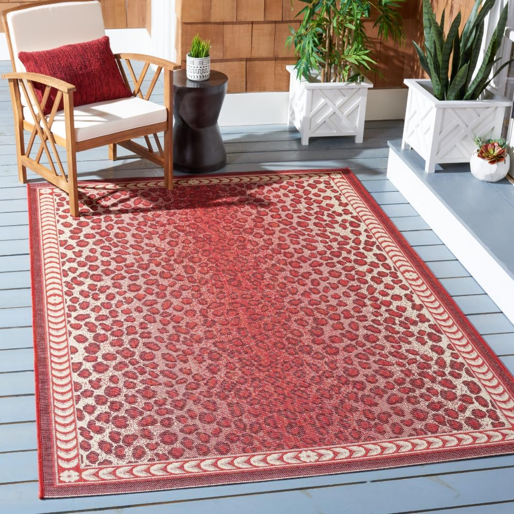 SAFAVIEH Courtyard Candace Spotted Indoor/Outdoor Area Rug, Red/Beige, 4' x 5'7"