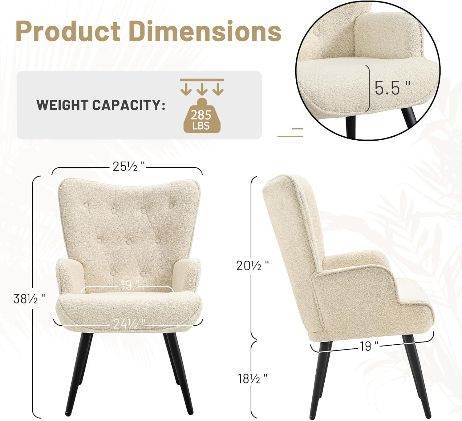 Furniliving Tufted Button Wingback Chair Upholstered Sherpa Accent Chair with Wide Arm Modern Leisure Club Chair, Lvory white