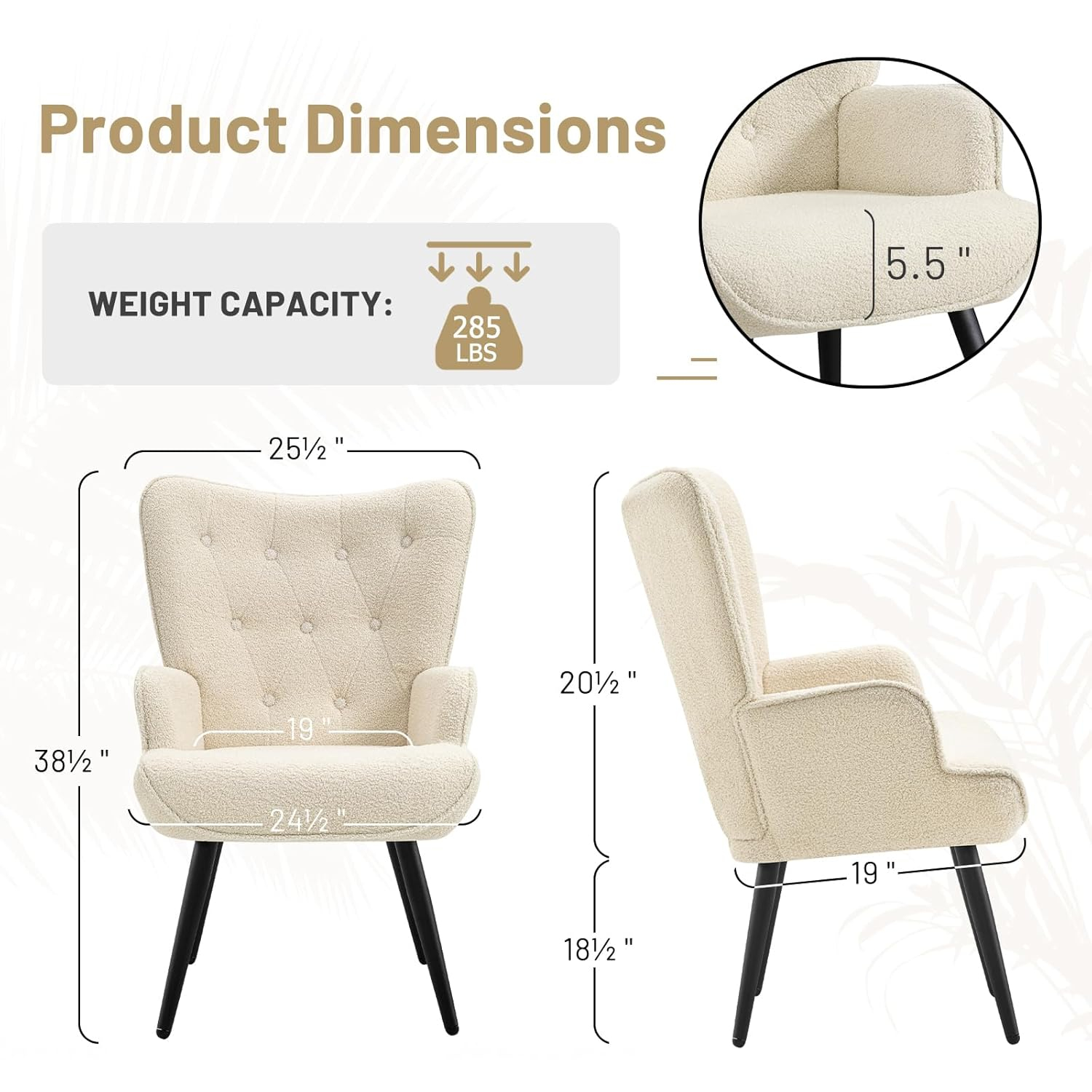 Furniliving Tufted Button Wingback Chair Upholstered Sherpa Accent Chair with Wide Arm Modern Leisure Club Chair, Lvory white