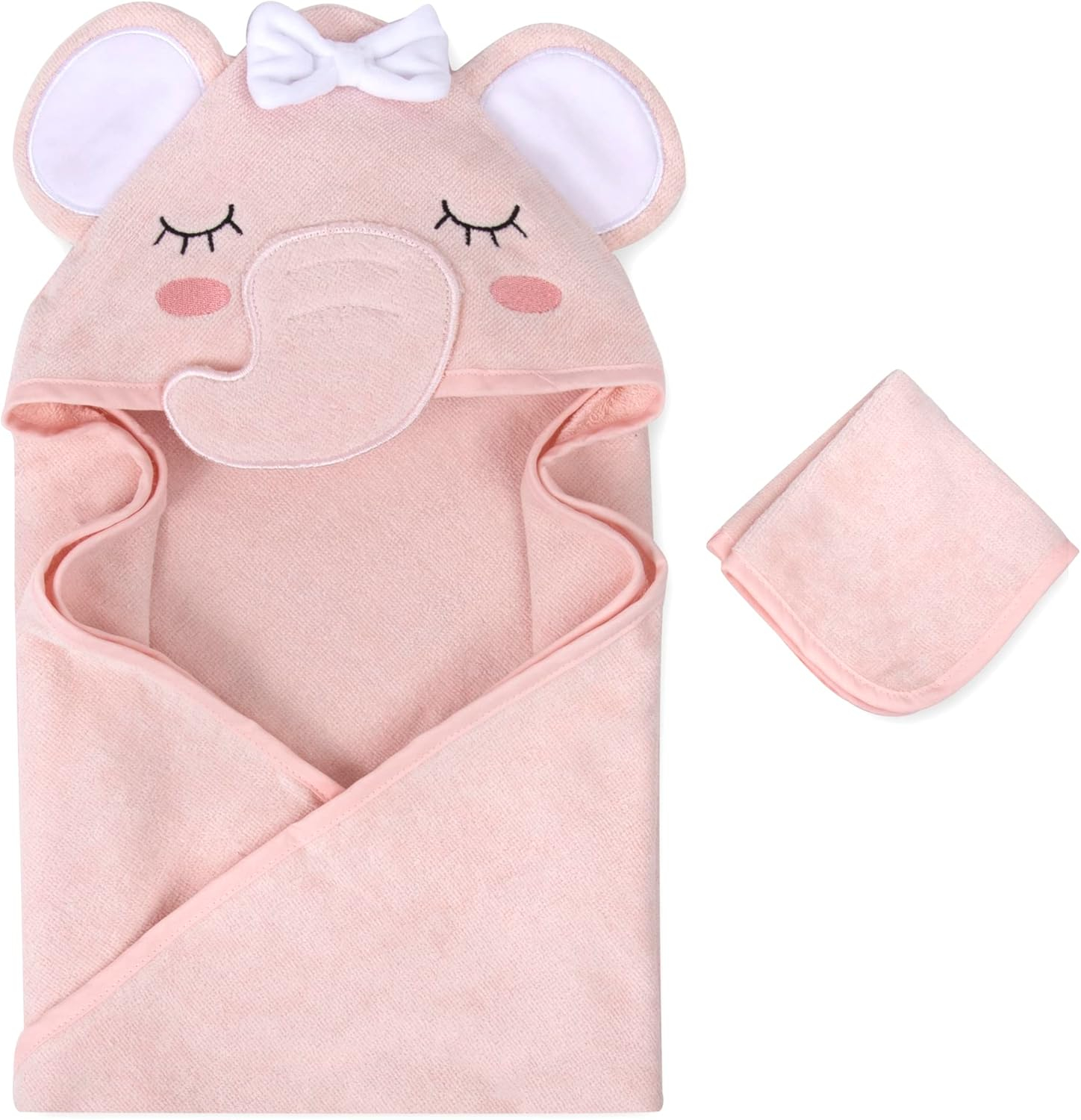 Delicate Pink Cotton Hooded Elephant Baby Washcloth and Towel Set