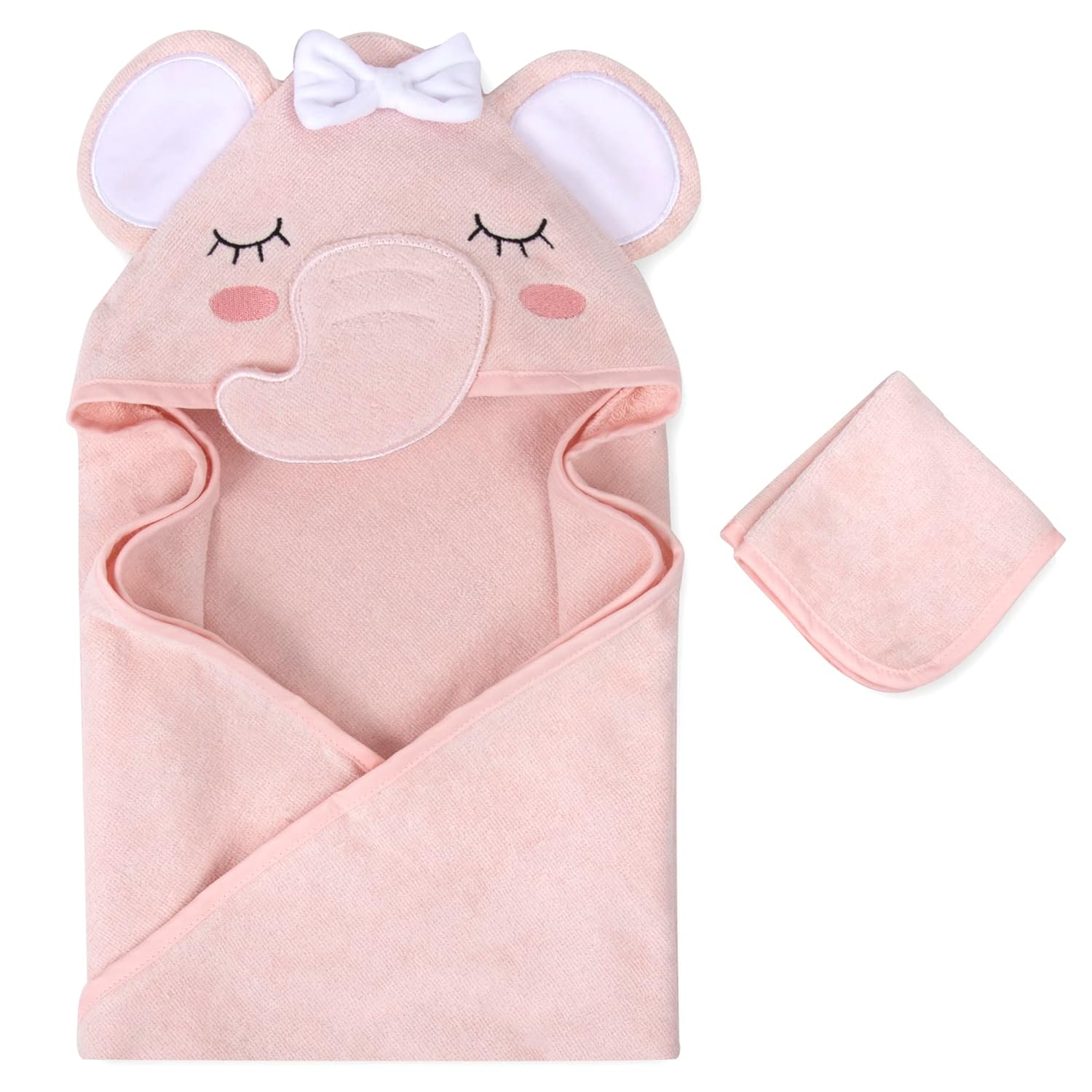 Delicate Pink Cotton Hooded Elephant Baby Washcloth and Towel Set