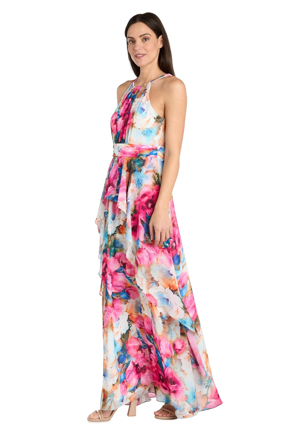 Vibrant Floral Chiffon Halter Maxi Dress with Ruffle Hem