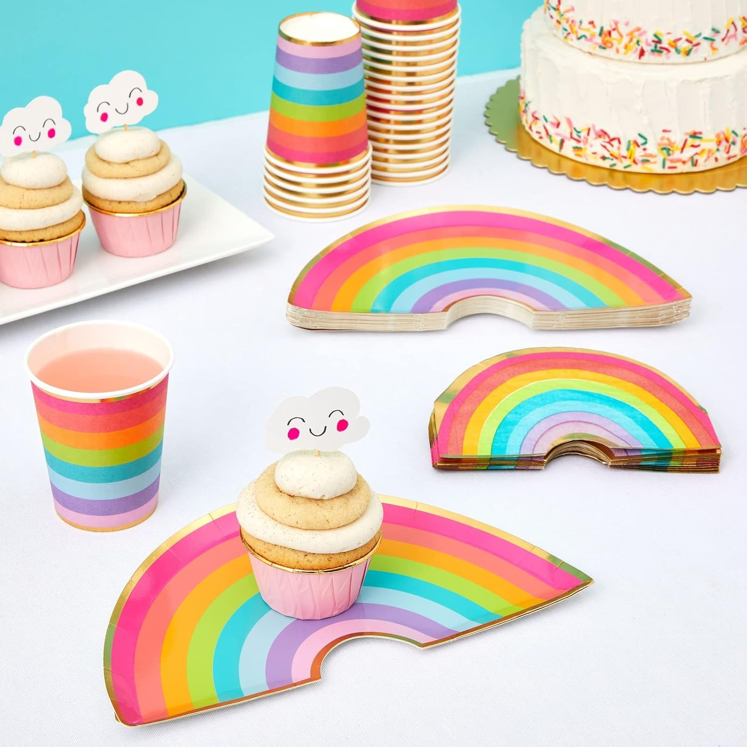 72 Piece Rainbow Party Dinnerware Set - Serves 24 Disposable Die-Cut Plates, Cups & Napkins - Colorful Rainbow Party Decorations for Birthdays & Events