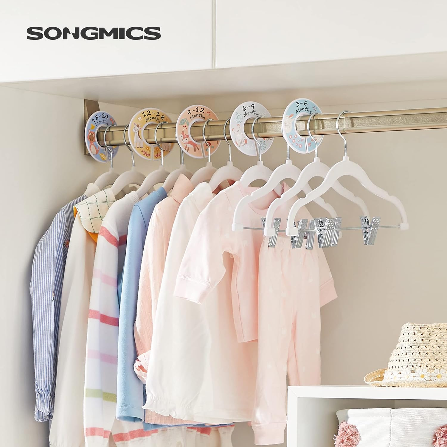 SONGMICS 30 Packs Baby Pants Hangers with Clips, Kids Hangers with 6 Clothes Dividers, Non-Slip Children’s Clothes Hanger, White UCRF013W30