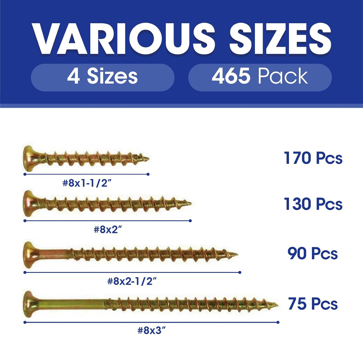 T.K.Excellent Wood Interior Construction Screw Coarse Thread Phillips Drive Bugle Head Yellow Zinc Drywall Screw Assortment Kit,465 Pieces