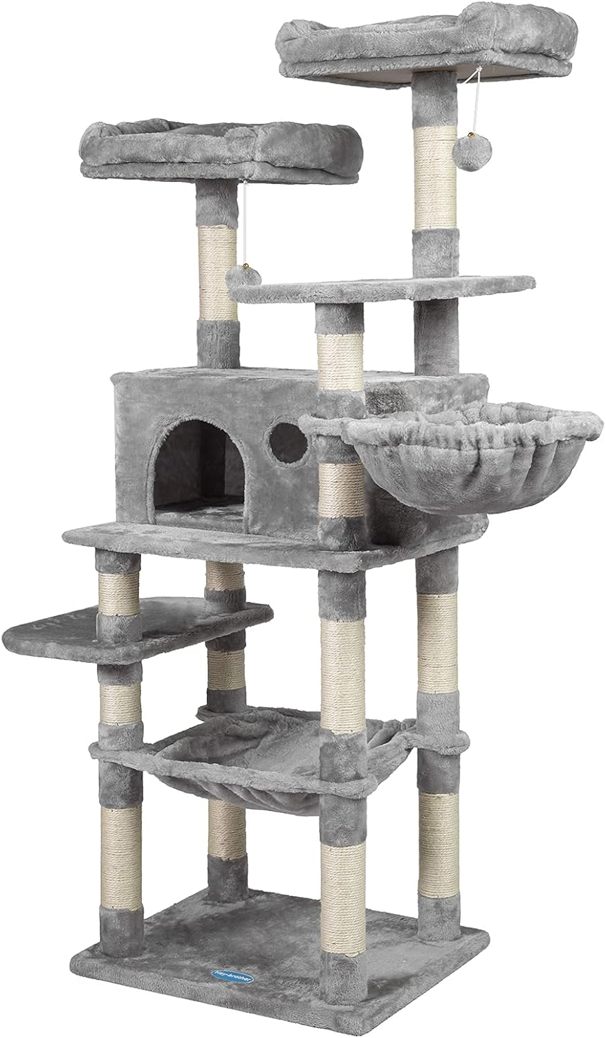 Hey-brother Cat Tree for Large Cats, Cat Tower with Scratching Posts, 2 Padded Plush Perches, Big Condo and Cozy Basket, Smoky Gray MPJ025G
