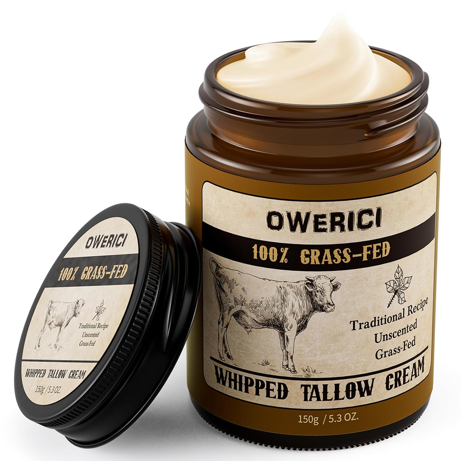 Beef Tallow for Skin, Tallow Face Moisturizer, 100% Grass Fed and Finished, Deeply Moisturizing for Face & Body, Whipped Cream Natural Care for Soft Supple (5.3 OZ., Extra Large)