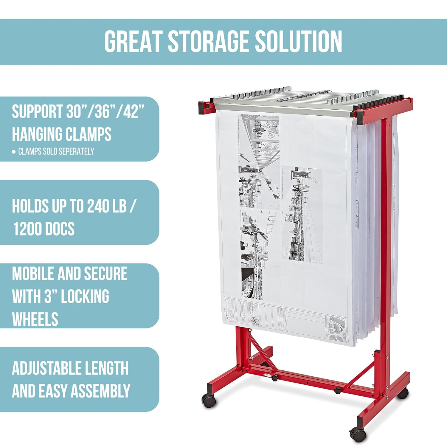 Red Heavy Gauge Steel Mobile Blueprint Rack with Adjustable Width