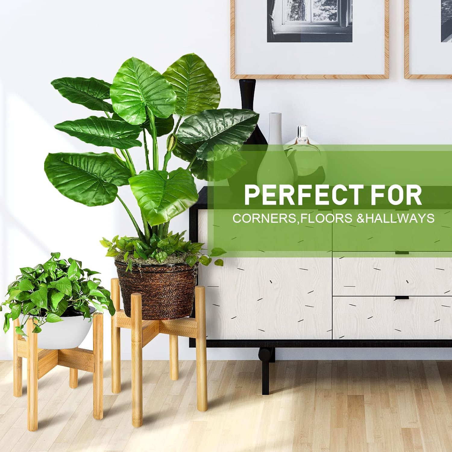 2 Pack Bamboo Plant Stands, Adjustable Plant Stand Indoor, Mid Century Modern Plant Stand, Plant Holder for Living Room, Balcony Fits 8 to 12 Inches Pots (Beige)