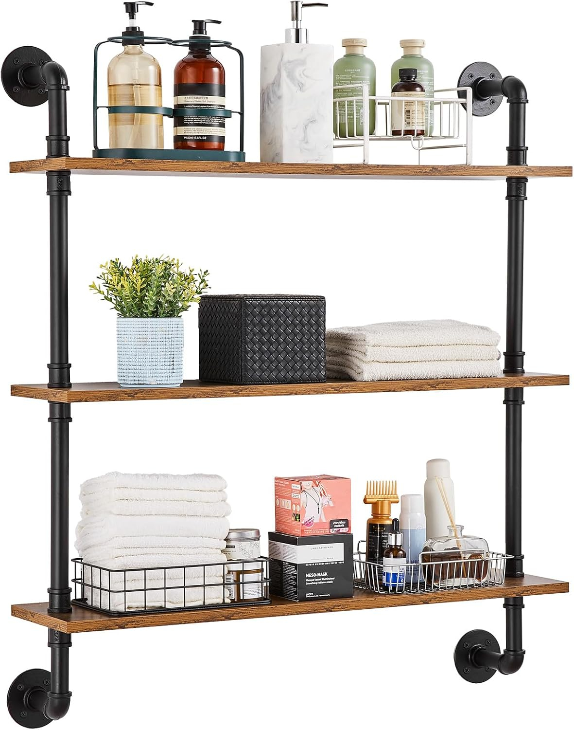 Industrial Pipe Shelf 3 Tier 8.07 in. W x 32.68 in. D Brown Wood Solid Decorative Wall Shelf Rustic Wood Shelves Bracket