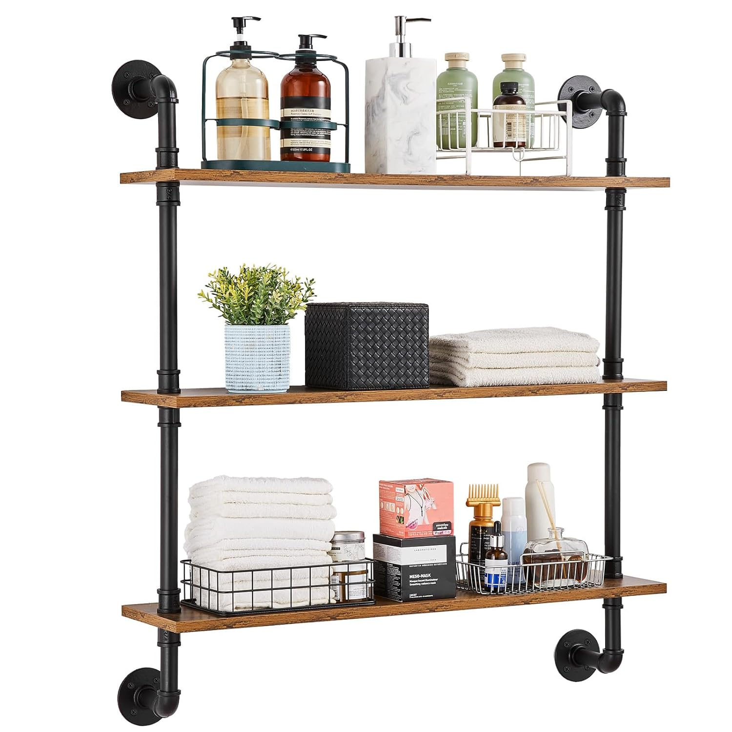 Industrial Pipe Shelf 3 Tier 8.07 in. W x 32.68 in. D Brown Wood Solid Decorative Wall Shelf Rustic Wood Shelves Bracket