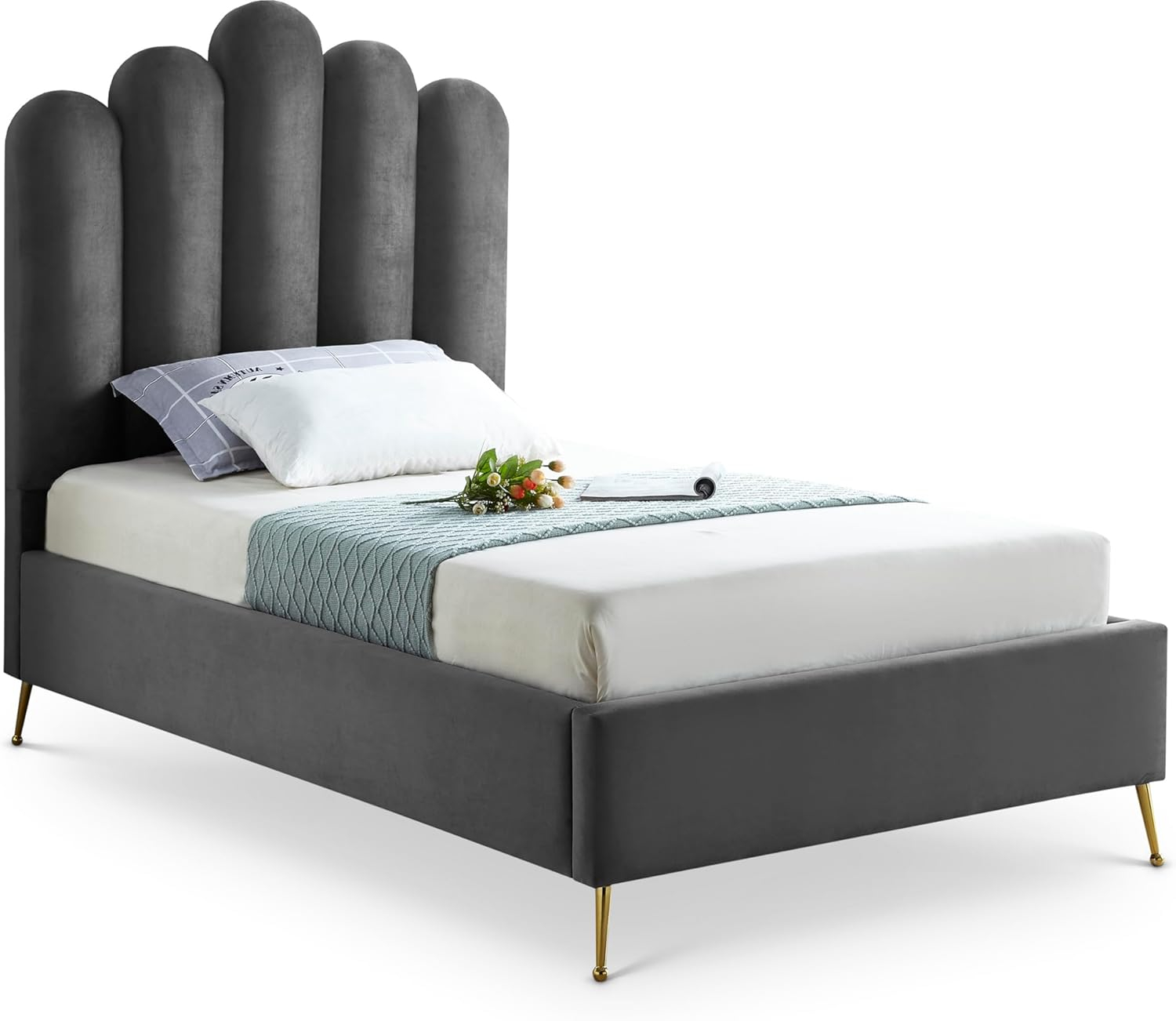 Meridian Furniture Lily Collection Modern | Contemporary Velvet Upholstered Bed with Deep Channel Tufting and Custom Gold Steel Legs, Twin, Grey