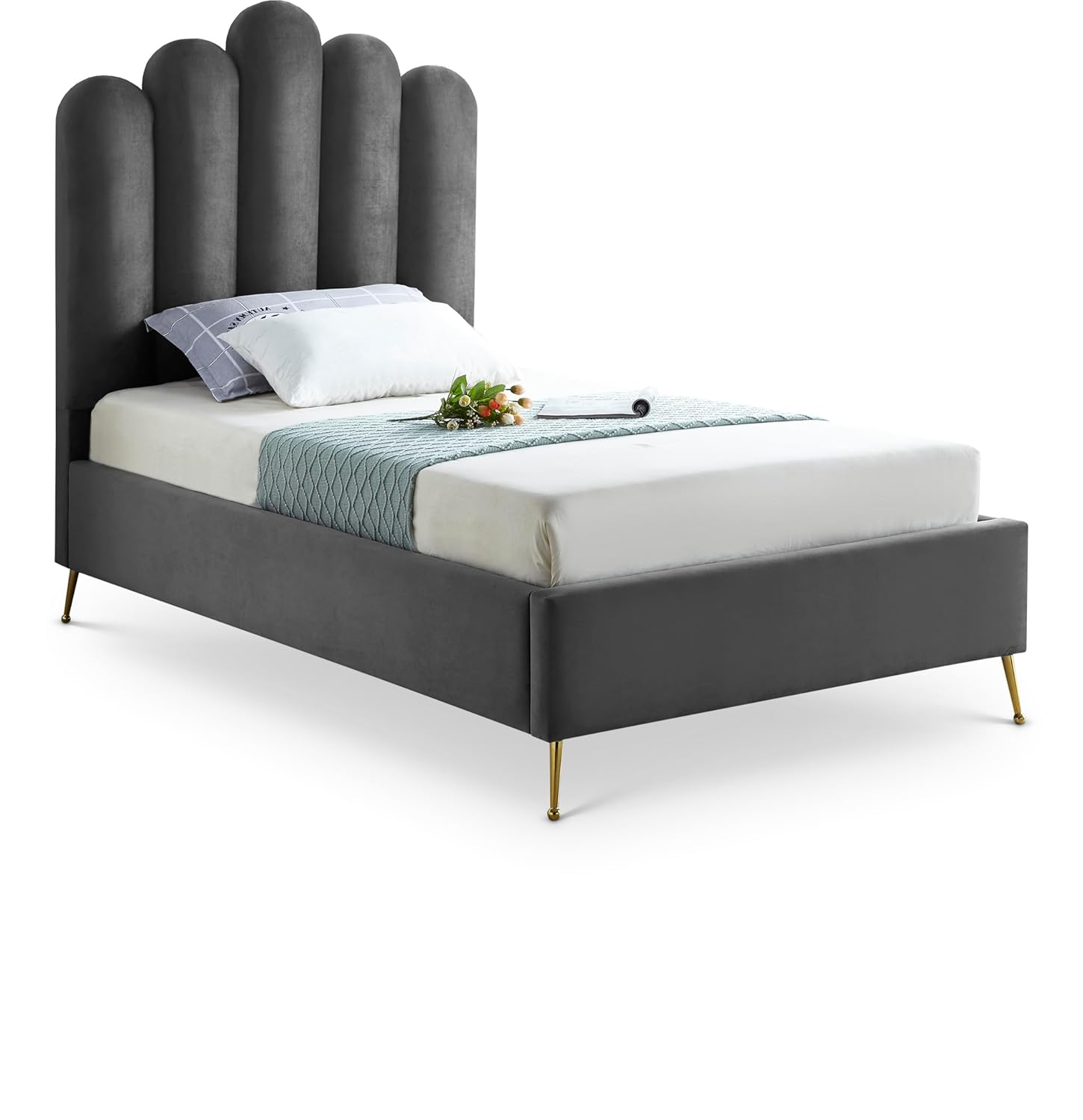 Meridian Furniture Contemporary Velvet Upholstered Platform Bed with Sturdy Gold Steel Legs and Deep Channel Tufted Headboard