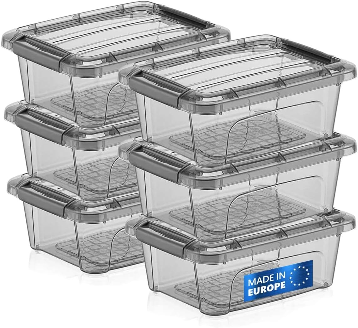 Tribello Small Storage Container Bin With Lids, 1.25Q Mini Plastic Storage Container With Latching Lids For Organizing - Tinted - (8’' x 6” x 3”) 1.25 Quart - Set of 6 - Made in EU