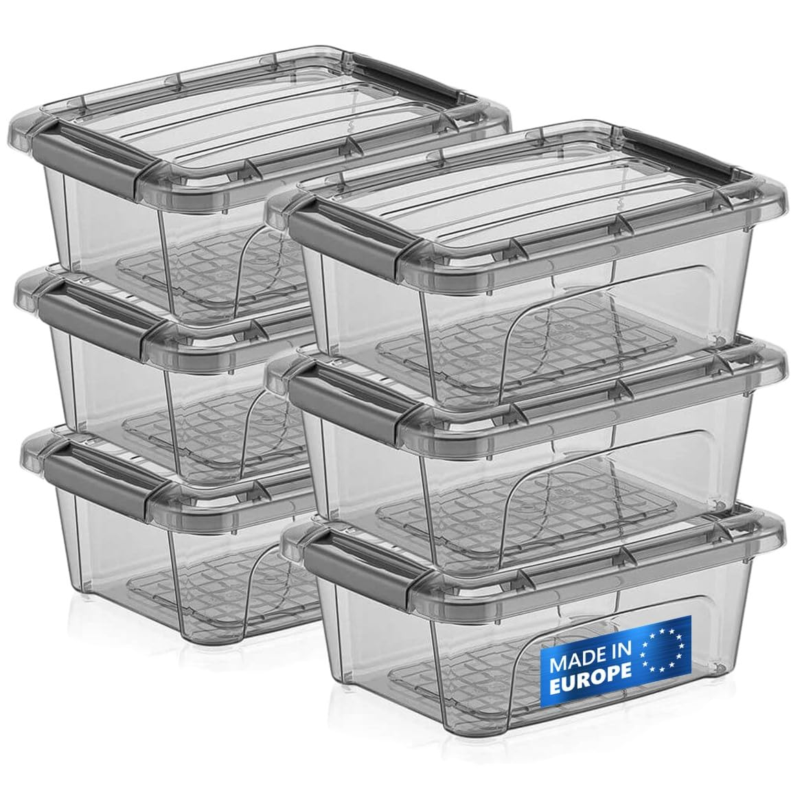 Tribello Small Storage Container Bin With Lids, 1.25Q Mini Plastic Storage Container With Latching Lids For Organizing - Tinted - (8’' x 6” x 3”) 1.25 Quart - Set of 6 - Made in EU