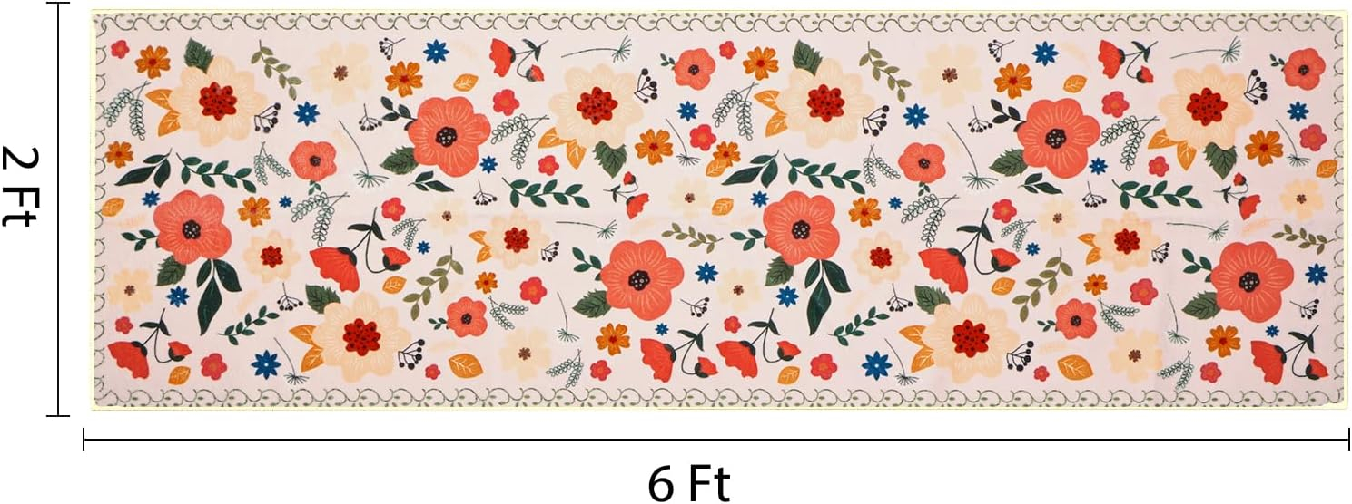 Elegant Floral Rug Hallway Runner Rug- 2 x 6 ft,Non Slip Washable Runner Rugs with Rubber Backing Soft Flowers Carpet Runner for Bedroom Kitchen Dining Room Laundry-Cream