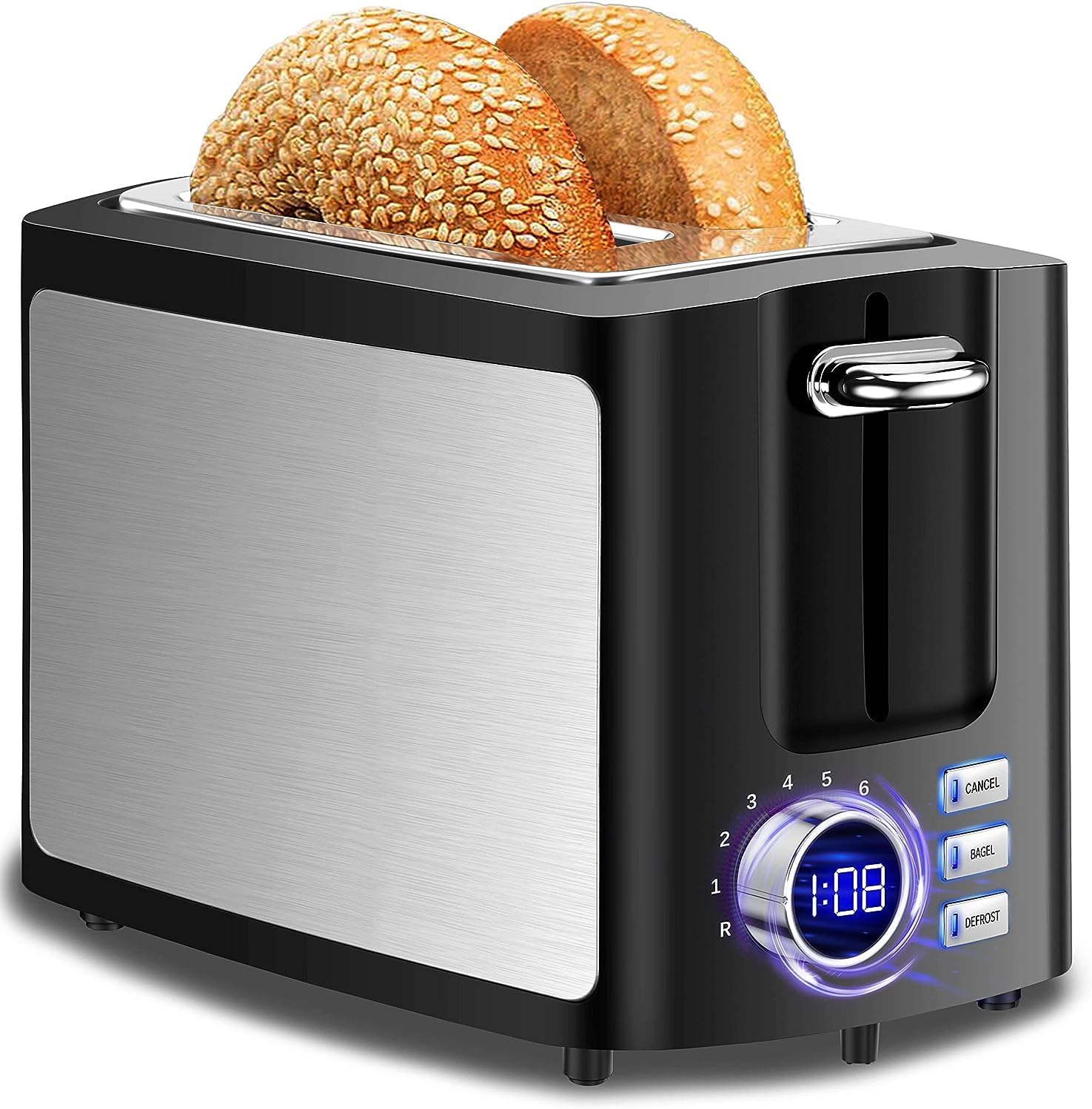 Smart Toaster 2 Slice Extra Wide Slot, Digital Countdown Timer, 9 Adjustable Browning Settings, Bagel Defrost Reheat Cancel Modes, Black LED Screen