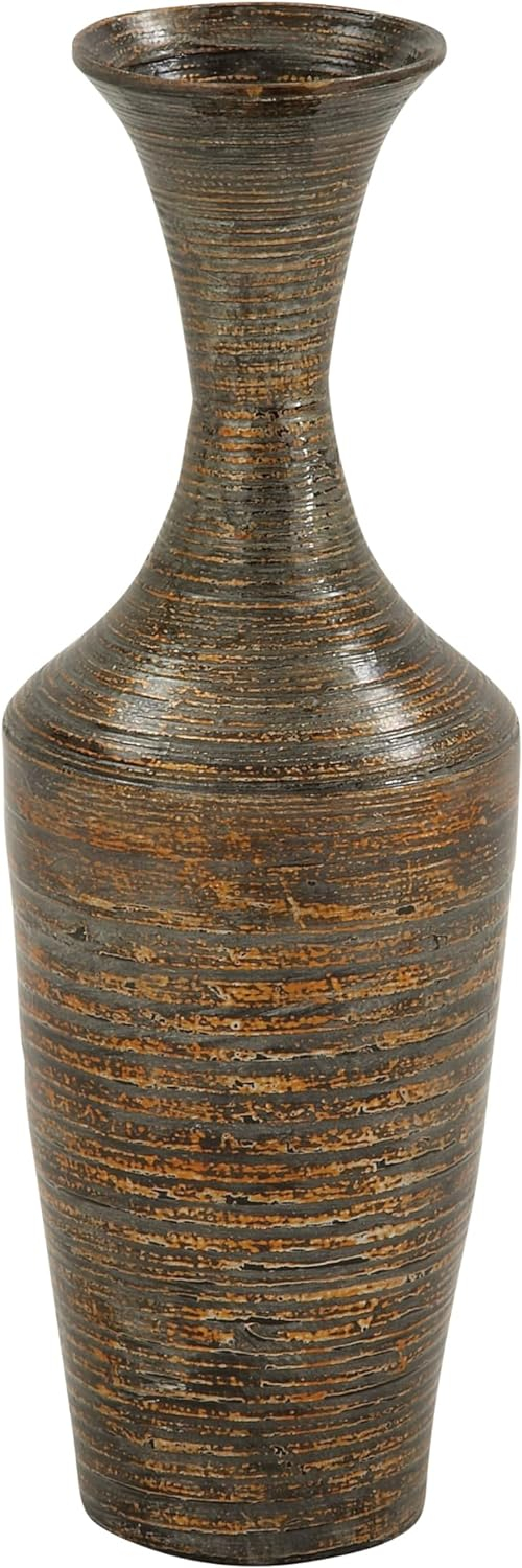 23" Dark Brown Bamboo Wood Decorative Table Vase with Lacquer Finish