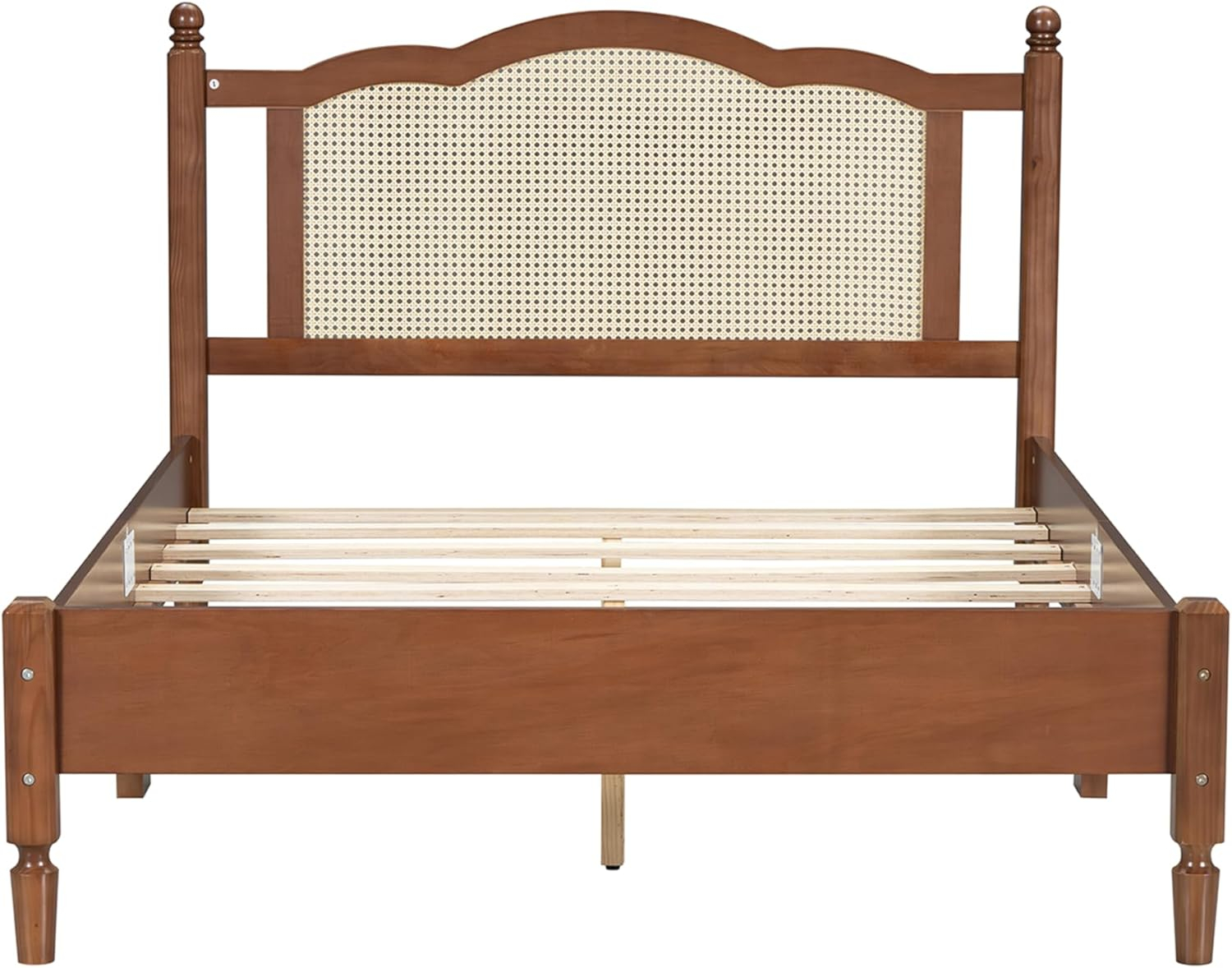 Full-Size Wooden Platform Bed with Natural Rattan Headboard, Mid-Century Modern Bed Frame for Bedroom Guest Room, Slats Support Bed Mattress Foundation No Box Spring Needed & Easy Assemble