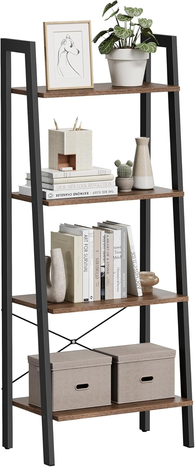 4-Tier Ladder Shelf Ladder Bookshelf Bookcase Storage Rack with Steel Frame Hazelnut Brown and Black