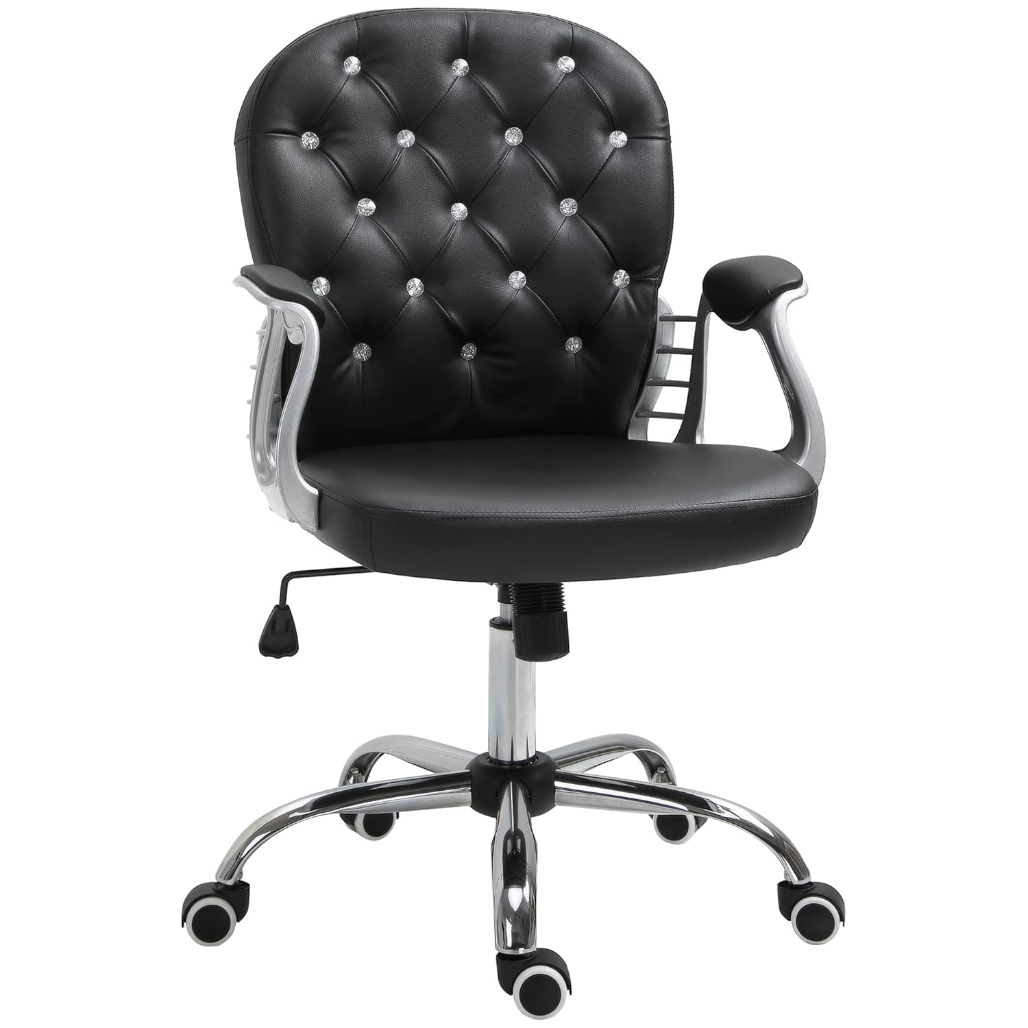 Vinsetto Vanity PU Leather Mid Back Office Chair Swivel Tufted Backrest Task Chair with Padded Armrests, Adjustable Height, Rolling Wheels, Beige