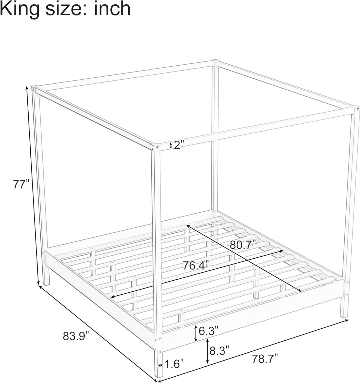King Size Canopy Bed Wood 4 Poster Bed Frame with Slats Support, No Box Spring Needed (King)