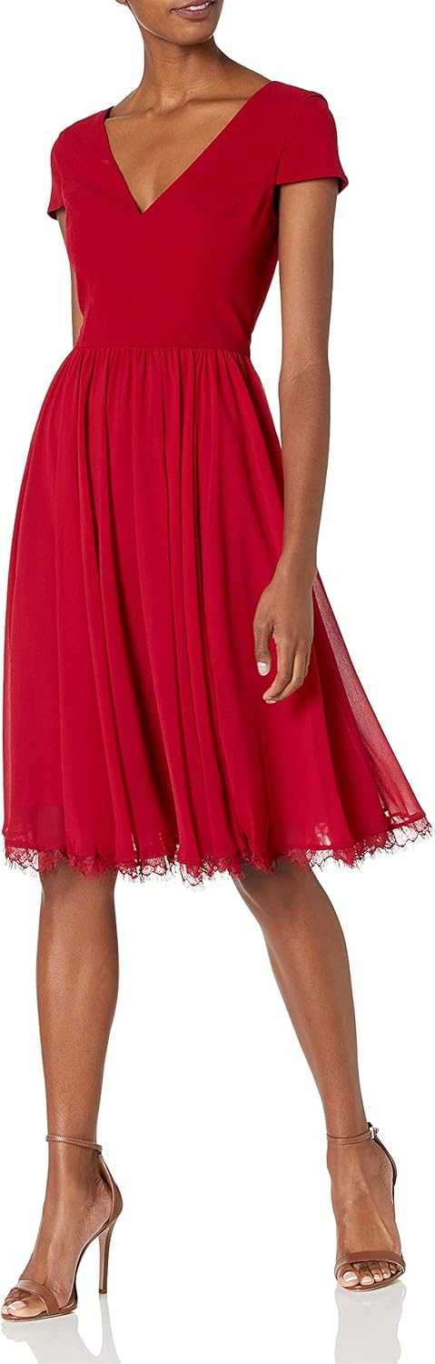 Garnet Red V-neck Midi Dress with Lace Hem